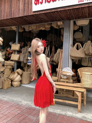 Hnewly  Woman Dresses Sleeveless V Neck Bandage Halter Backless Vintage Sexy Mini Dress Sweet Elegant Female Party Fashion