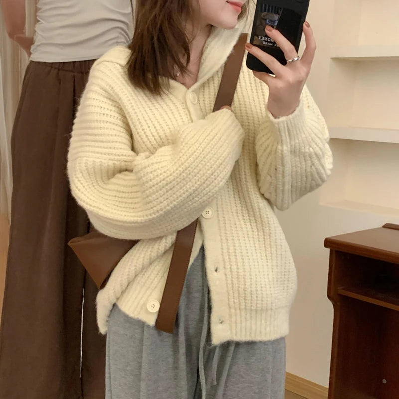 Hnewly  Hooded Cardigan Sweater for Women Morandi Pink Blue Button-Up Knitted Hoodie Jacket Autumn Winter Teen-girl Slouchy Knitwear