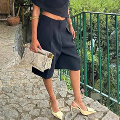 Hnewly  Women's Summer Office Lady Knee Length Suit Pants Button Pleated High Waist Wide Leg Loose Fit Y2k Cropped Trousers