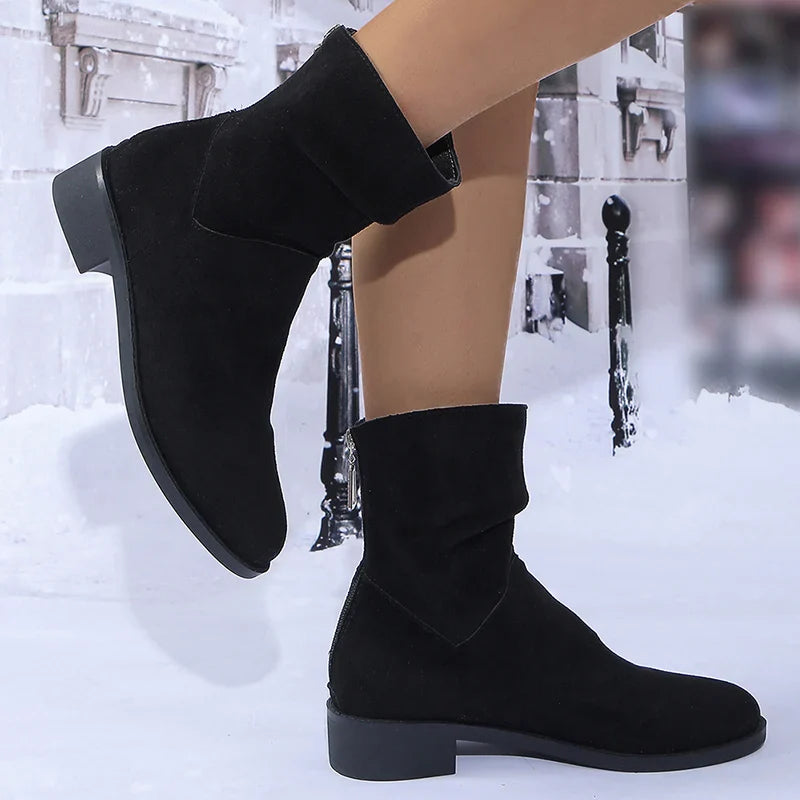 Hnewly Autumn Womens Solid Pleated Ankle Boots Fashion Faux Suede Square Heel Boots Ladies Round Toe Back Zipper Office Shoes Boats