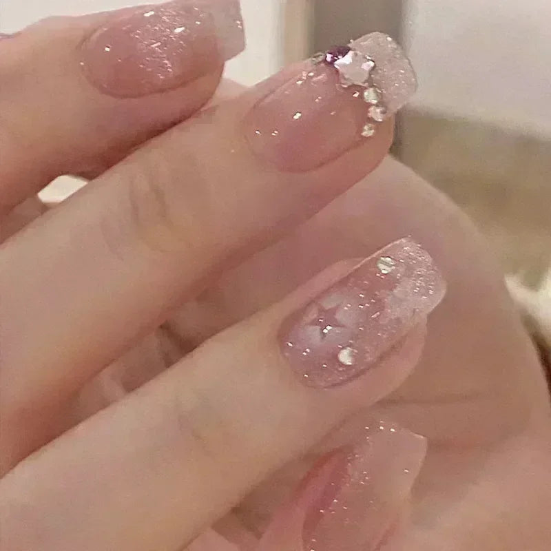 Hnewly 24pcs Detachable Short Press on Nails Y2k rhinestone False Nails with Glue Ballet Sweet Cool Girls Artificial False Nails Tips