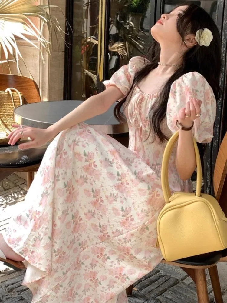 Hnewly Summer Floral Printed Midi Dress Women Off Shoulder Puff Sleeve Fairy A-line Elegant Dresses Casual Korean Fahion Vestidos Mujer