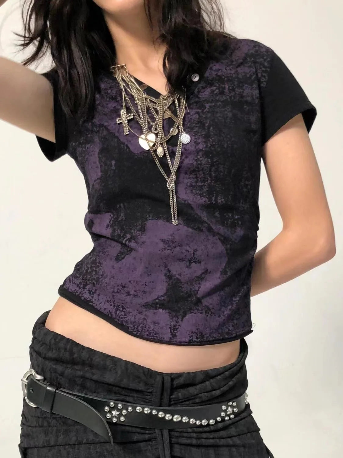 Hnewly  Millennium Hot Chick Slimming T-shirt New Summer Subculture Printing Punk Dirty Short Sleeve Tees V-neck Pullover Women Tops