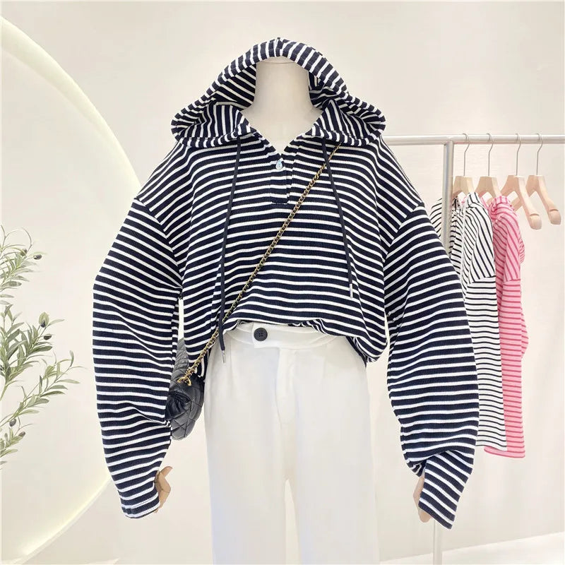Hnewly  New Striped Hoodie Sweatshirt Women's Spring Autumn 2025 Fashion Preppy Style Retro Long Sleeve Top Loose Pullover Jacket
