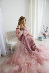 Hnewly  Pink Fluffy Powder Dress for Pregnant Women Tulle Maternity Dresses with Peals Puff Sleeves Pregnancy Gown for Photoshoot