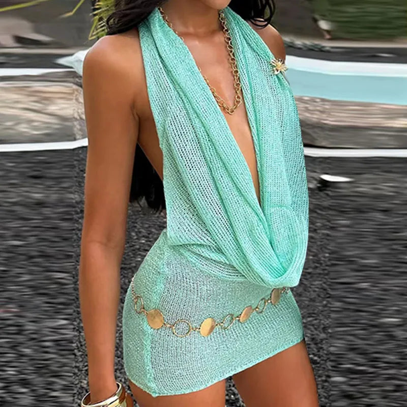 Hnewly  Sexy Green Halter Short Dress Women Slim Lace Up Hollow Out Sleeveless Backless Dresses Summer Lady Party Beach Robes