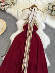 Hnewly  Temperament Hanging Neck Dress Elegant Hollow Out Backless Slit A-line Large Hem Dress Women's Beach Vacation Long Dress