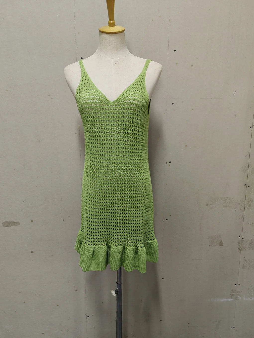 Hnewly  Knit Ruffled Hollow Out Mini Dress Female V-Neck See-Through Holiday Beach Casual Clothes Summer Women's Knitwear Dress