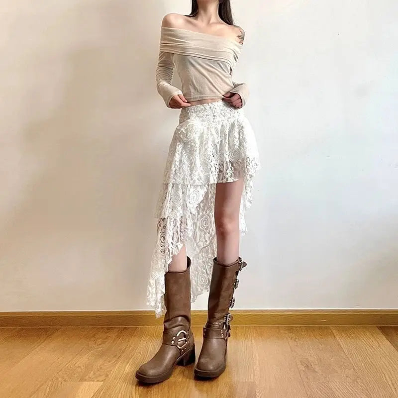 Hnewly Vintage Boho Lace Skirt Women White Asymmetrical Skirts Elegant Fairycore Korean Fashion Tull Irregular Short Mid Skirt