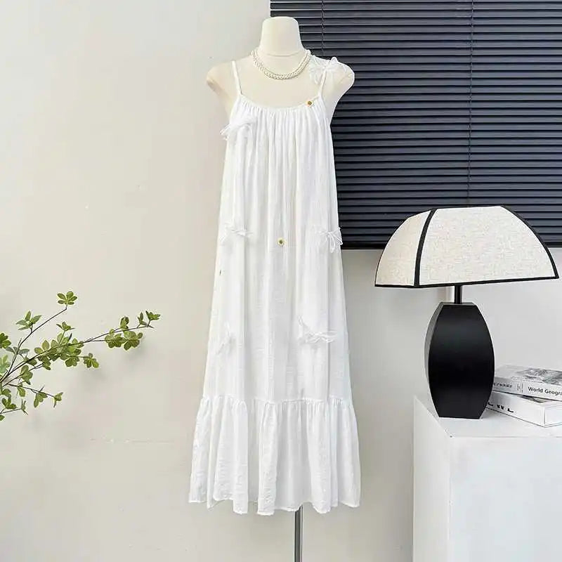 Hnewly  French style ruffle edge three-dimensional flower suspender dress women's summer seaside vacation style pleated long skirt