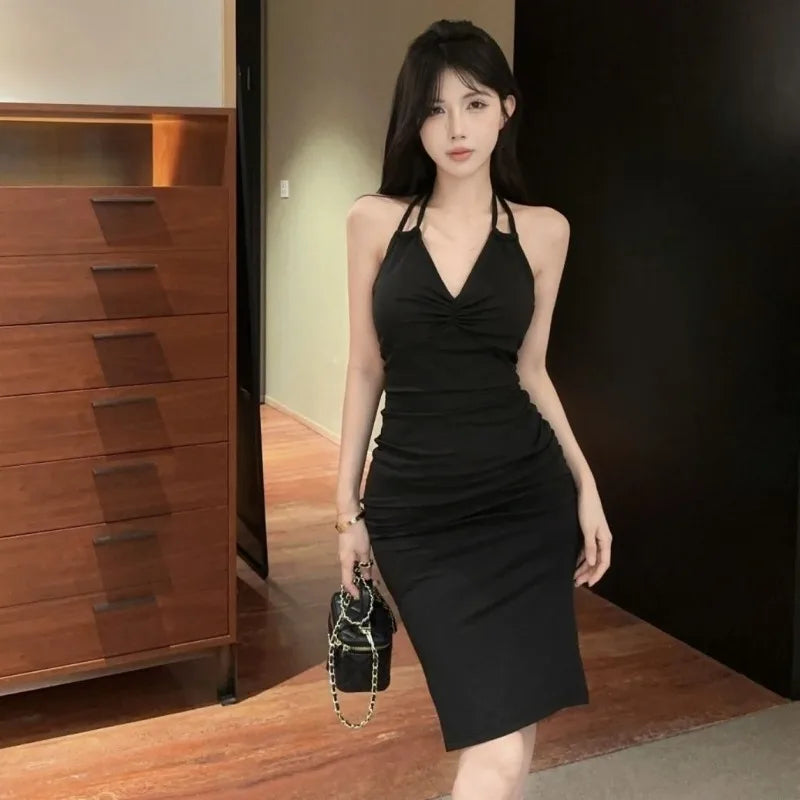 Hnewly  Woman Elegant Dresses Slim Split V Neck Summer Fashion Sexy Backless Halter Solid Party Dress Female Casual Temperament