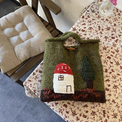 Hnewly  Mushroom House Tote Bags for Women Handbag Handmade Yarn Woven Bag Cute Crochet Shoulder Bag Wool Knitting Shopper Purses Clutch