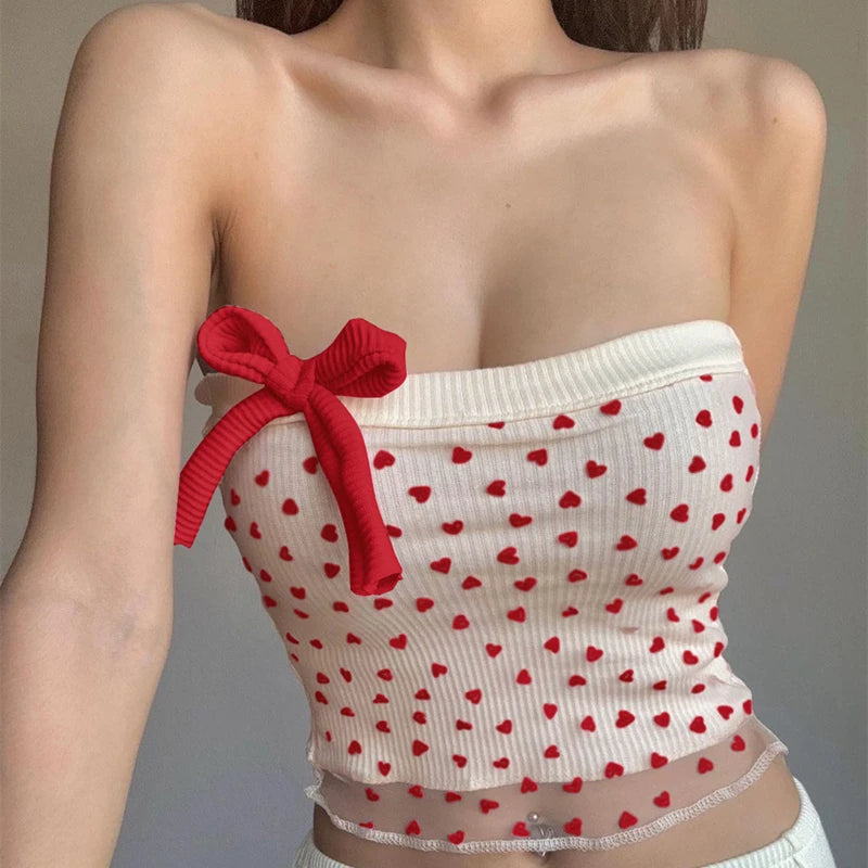 Hnewly Sexy Off Shoulder Y2K Korean Tank Top Aesthetic Print Mesh Perspective Tube Top Sleeveless BOW Temptation Crop Tops