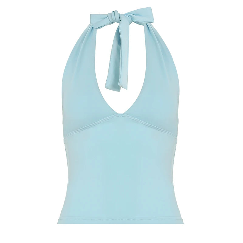 Hnewly Solid Lace-up Halter Crop Top Summer y2k Casual Sleeveless V-neck Skinny Tank Tops for Women Streetwear Basic Tee Ladies