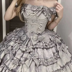 Hnewly  Elegant Bow Flower Sling Dresses Women Y2K JSK Lolita Kawaii Sweet Trailing Bow Ruffled Slim Sleeveless Mini Princess Dresses