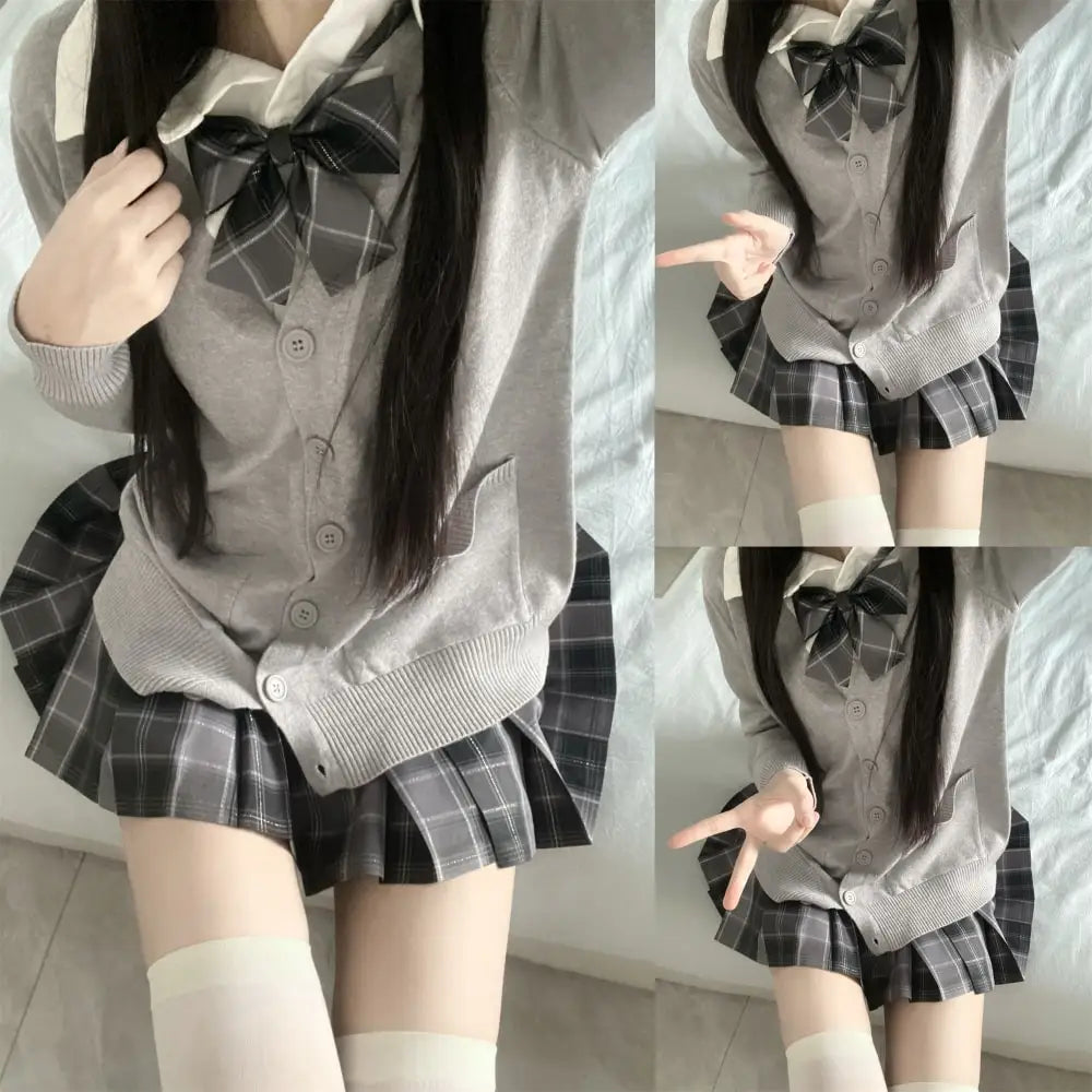 Hnewly 3Pc Set Japanese Korean School Uniforms Multicolor Sweater&Plaid Pleat Skirt with Bow Jk Uniform Suit Graduation Costumes Women