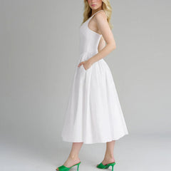 Hnewly  Elegant V Neck White Long Dress Women Fashion Hanging Neck A Line Party Drsses Woman Pocket Pleated Princess Sundress Mujer