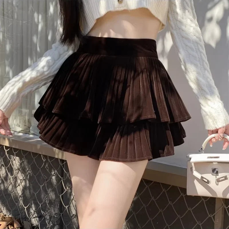 Hnewly Velvet Tiered Mini Skirt for Women Teen-girl Low-Rise Ruffled Pleated Short Skirt in Brown Black Fall Winter Balletcore Outfit