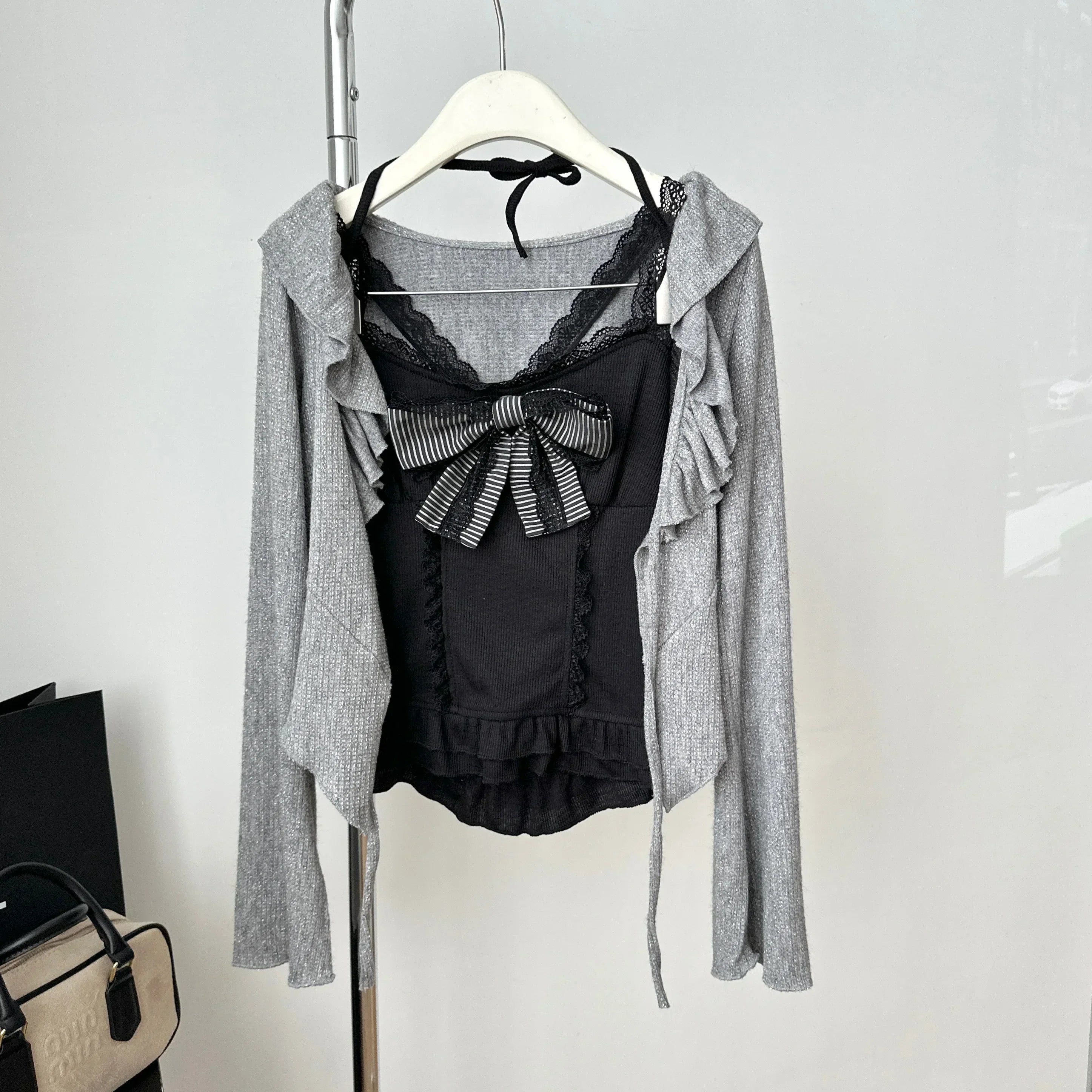 Hnewly new trend inspo Japanese Kawaii Lolita Sweet 3 Piece Set Women Bow Y2k Slim Vest +Casual Cardigan + High Waist Thin Striped Chic Skirt Autumn