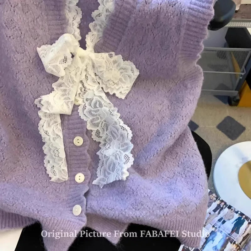 Hnewly  Elegant Lace Bow Sweater Vest Women's 2025 New Spring Autumn Sleeveless V-neck Knitted Pullover Korean Version Versatile Top