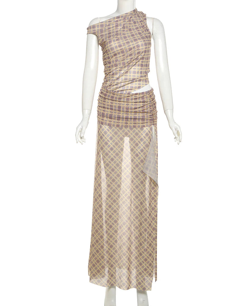 Hnewly Split Summer Dress Women See Through Y2K Plaid Print Inclined Shoulde Waistless Split Irregular Ruched Maxi Bodycon