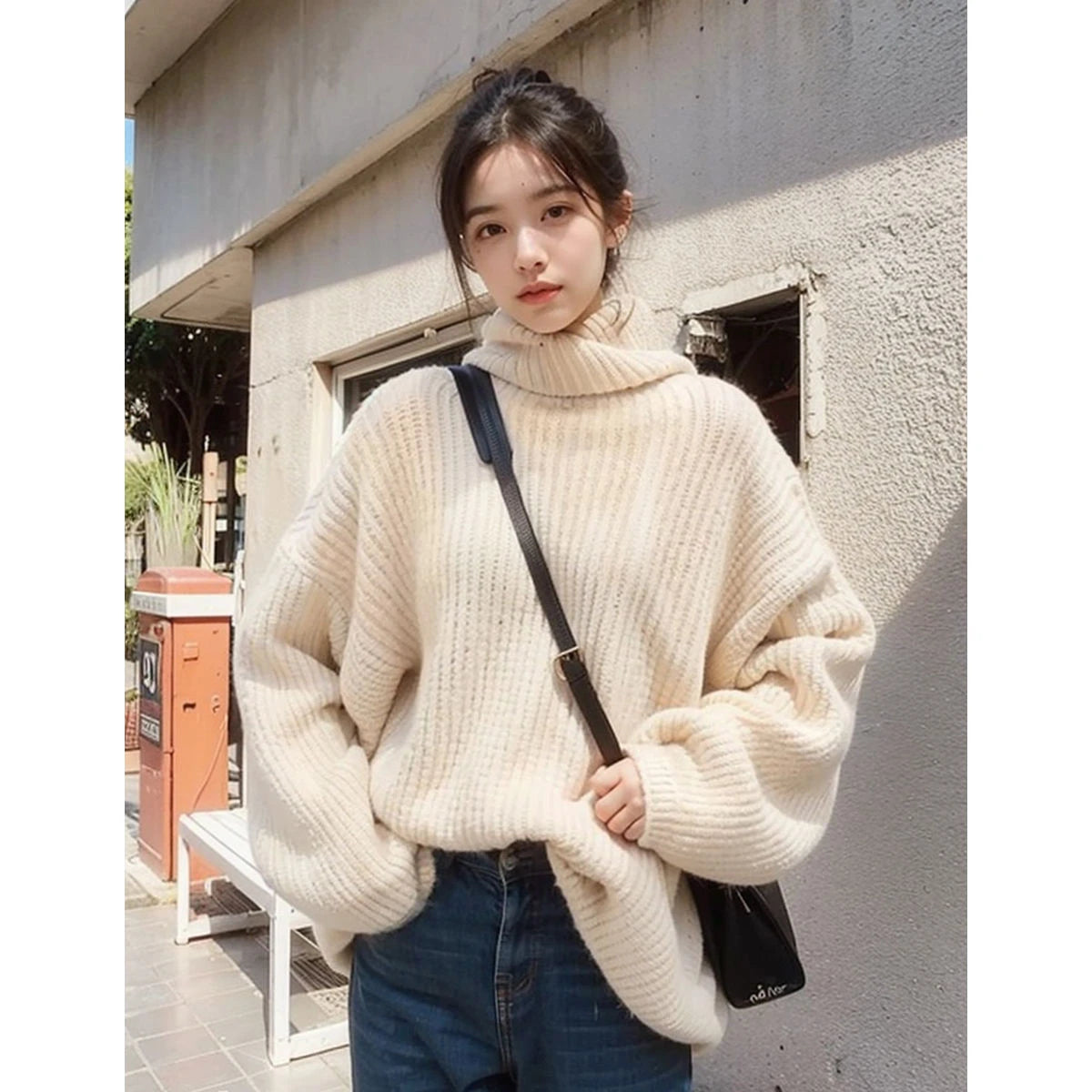 Hnewly  Oversized Turtleneck Sweater Women Loose Plain Rolled Neck Jumper Knit Pullovers Loose Soft Knitwear Autumn Winter Outfit