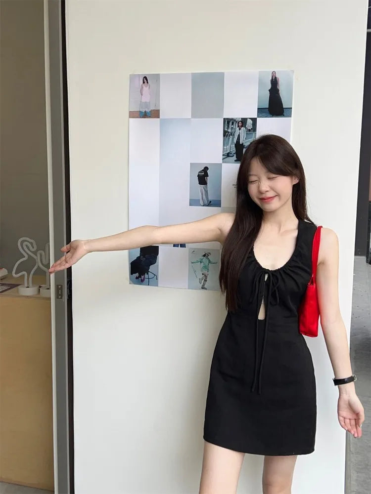 Hnewly   Woman Dress Fashion Summer Hollow Out Sexy Sweet Sleeveless Bandage Solid Slim Elegant Party Mini Dresses Female Casual