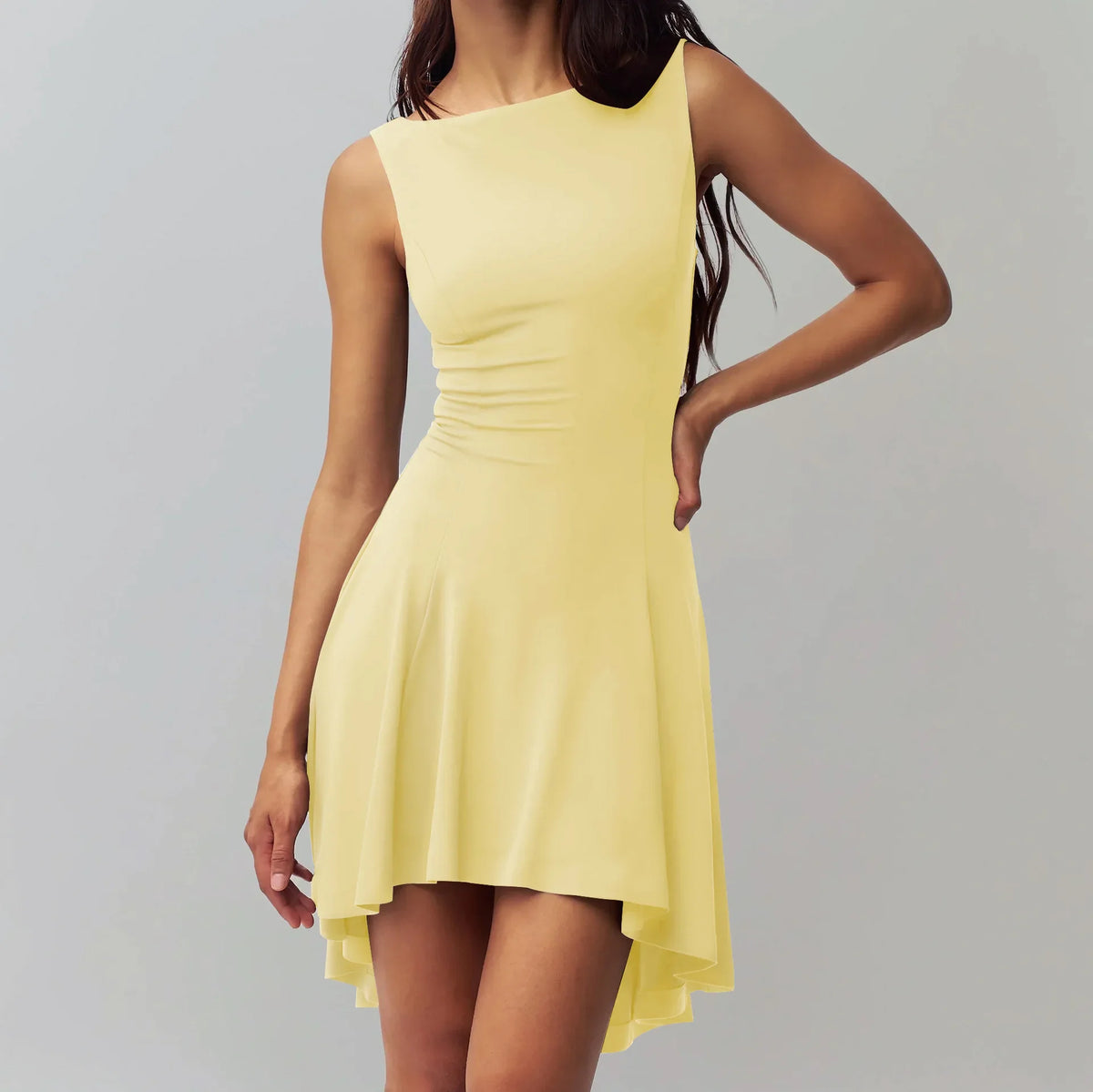 Hnewly  Slim-fit Solid Color New Sleeveless Sexy Spice Girl One-word Neck Dress, Waist and Thin Back