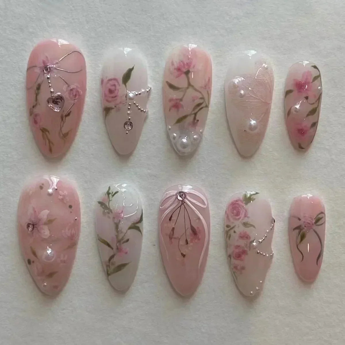 Hnewly 24Pcs Pink Almond French Press on Nails With 3D Bow ripple charms Design Fake Nails Ballerina False Nails Full Cover Nail Tips