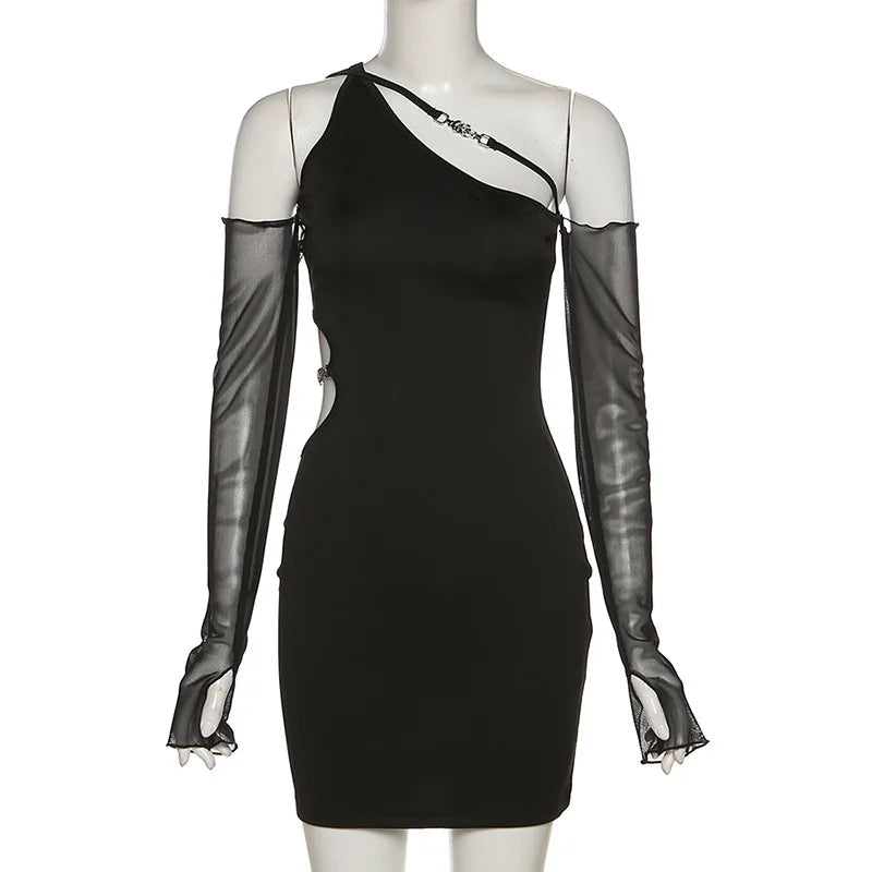 Hnewly Solid Color Elastic Sexy Feminine Hollow Fashion Mature Senior Party Elegant Cool Tight Women's Dress With Sleeves Charm
