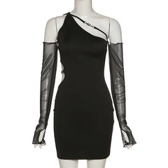Hnewly Solid Color Elastic Sexy Feminine Hollow Fashion Mature Senior Party Elegant Cool Tight Women's Dress With Sleeves Charm