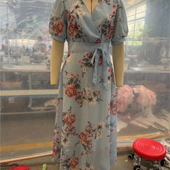 Lunivop  Women V-neck Ruffle Short Sleeve Maxi Dress Waist Tight High-waist Hem Sweet Floral Print Chiffon Dress Female Clothing