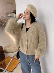 Hnewly  Shaggy Sweater Cardigan for Women Soft Fluffy Knitted V-neck Button Down Jacket Cardi Knitwear Autumn Winter Fashion Chic Outfit