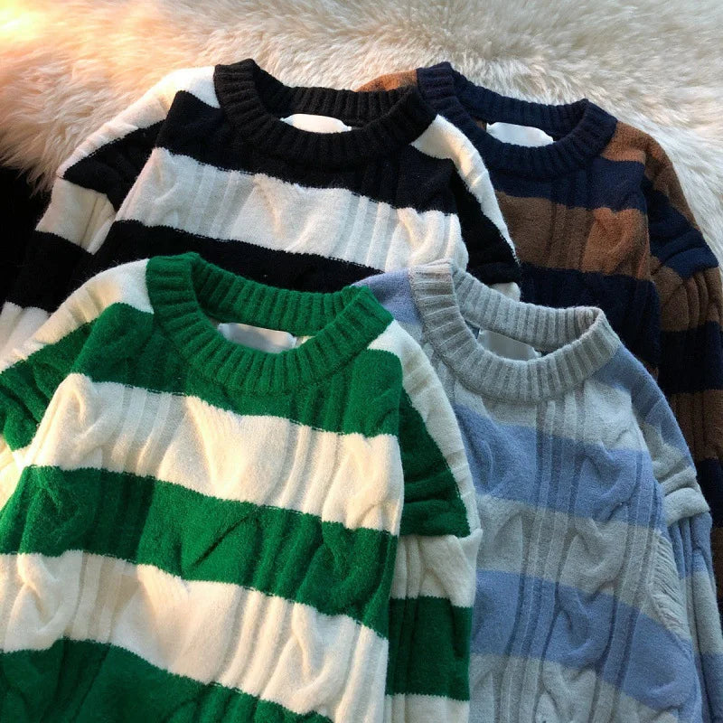 Hnewly  Women Striped Retro Knitted Sweater Spring Autumn Loose Versatile Pullover Casual Fashion Holes Round Neck Long Sleeved Top