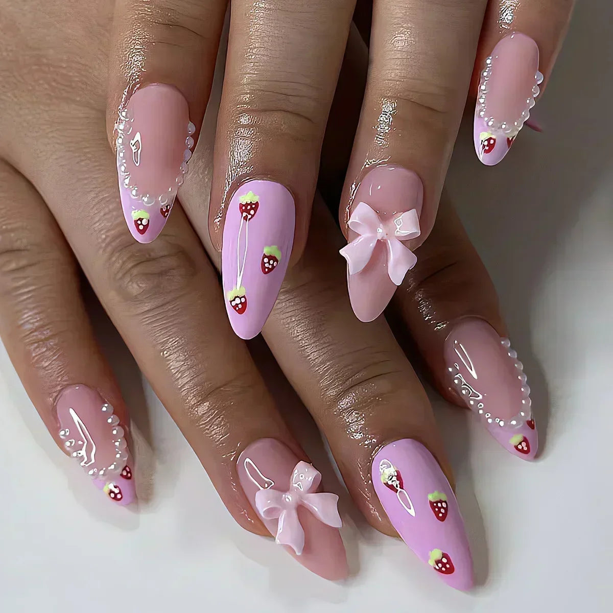 Hnewly 24Pcs White Almond False Nails Ballet with French Design Wearable Fake Nails Gradient Simple Full Cover Press on Nail Tips Art