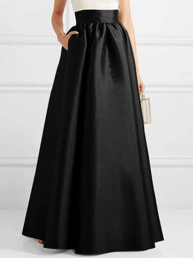 Hnewly Bohemian Women Satin Silk Long Skirts Cotton Solid Elegant Loose Sundress Femme Elastic Waist Oversized Casual Dresses