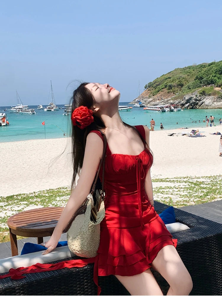 Hnewly Casual Beach Style Red Y2k Mini Dress Women Outwear Even Party Dress Korean Fashion Chic Sexy Bodycon Sleeveless Summer
