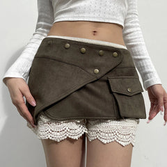 Hnewly Vintage Cargo Skirt Women y2k Style Low Waist Irregular Hem Short Mini Skirts with Pocket Decor 2000s Street Skirts