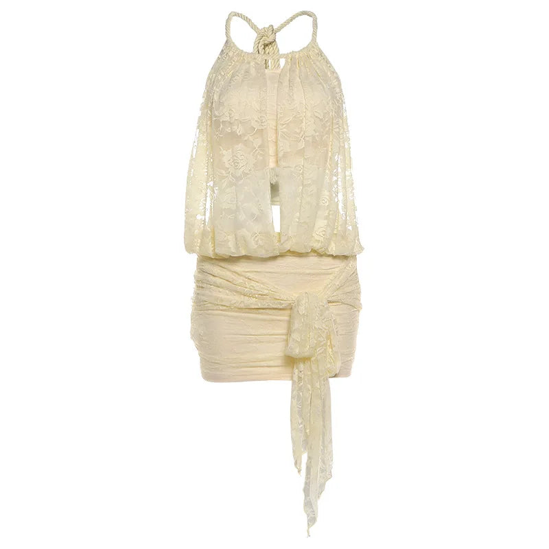 Hnewly  Streetwear Two Pieces Set Lace Sexy See Through Halter Backless Tank Top + Women Y2k Aesthetic Bandage Grunge Mini Skirts