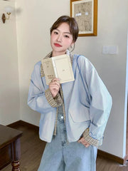 Hnewly  Sweet Cargo Jacket Women Loose Preppy Style Plaid Patchwork Short Coat Casual Korean Fashion Long Sleeve Fall Winter Tops