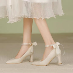 Hnewly Woman Footwear Beige Pearl Wedding Bride Shoe High Heels Pointed Toe Block Heel Shoes for Women Non Slip Fashion Chic High Heels