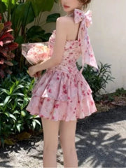 Lunivop  Korean Retro Sweet Floral Halter Neck Dress Women Slim Bow Print Tiered Mini Dress Summer Fashion Popular Elegant  Chic Outfits