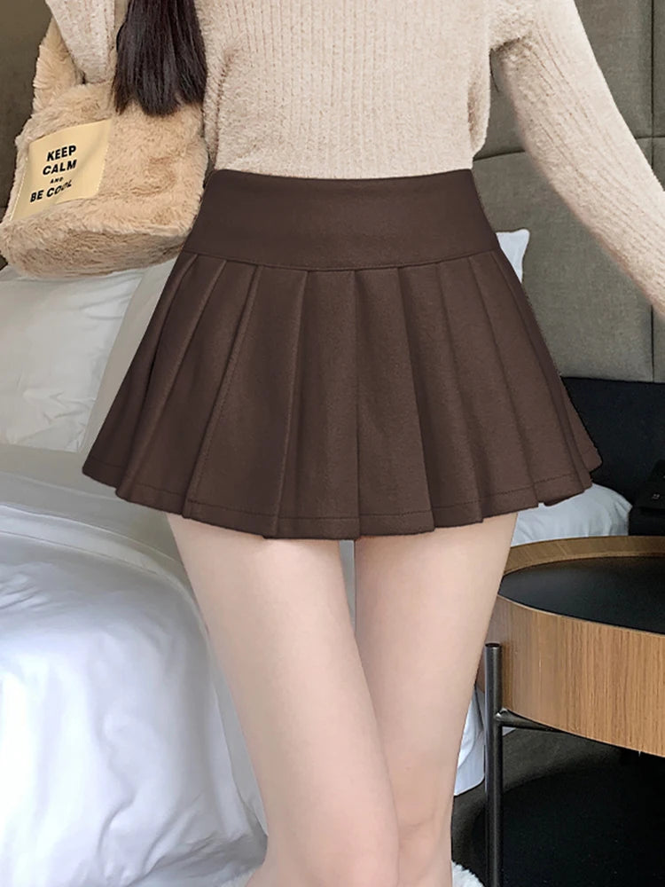 Hnewly  Retro Faux Woolen Pleated Skirt Women Sweet Slim Sexy Mini A Line Skirts Preppy Style High Waist Fall Winter Korean Skirt