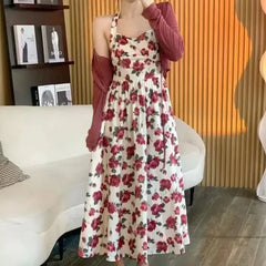 Hnewly  Rose Hanging Neck Skirt Women's Summer New Floral Dress Sunscreen Cardigan Two-piece Set