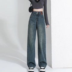 Hnewly  Spring Vinatge High Waist Straight Jeans Women Korean Double Buttons Wide Leg Denim Pants Woman Classic Baggy Jeans Trousers