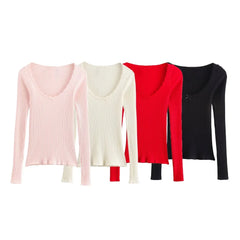 Hnewly  Fall Clothes Long Sleeve Top Knit Korean Fashion Sweaters Sexy Vintage Clothes Cropped Pullovers Ribbed Bow Tie Tops Pink