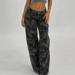 Hnewly  Retro Camouflage Casual Jeans Y2k Streetwear Low Waisted Denim Pants Aesthetic 90s Wide Leg Trousers Fashion All-match