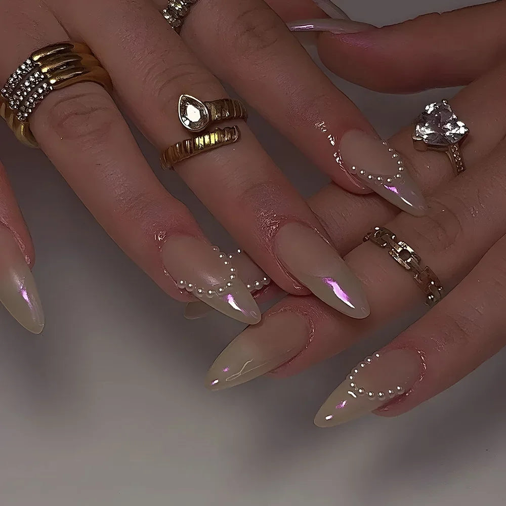 Hnewly 24Pcs French Gold Edge Wearable Almond Press on Fake Nails Simple Pearl Decoration False Nails with Glue Full Over Manicure Tips