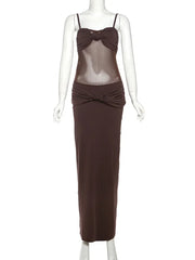 Hnewly  Sexy Backless Twist Suspender Dress Women's Mesh Splice Beach Party Maxi Dress Elegant See Through Spaghetti Strap Dress