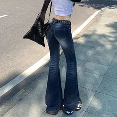 Hnewly  American Vintage Low Waist Jeans Women High Street Y2K Pocket Micro Flared Pants Woman Dark Blue Denim Long Trousers Female